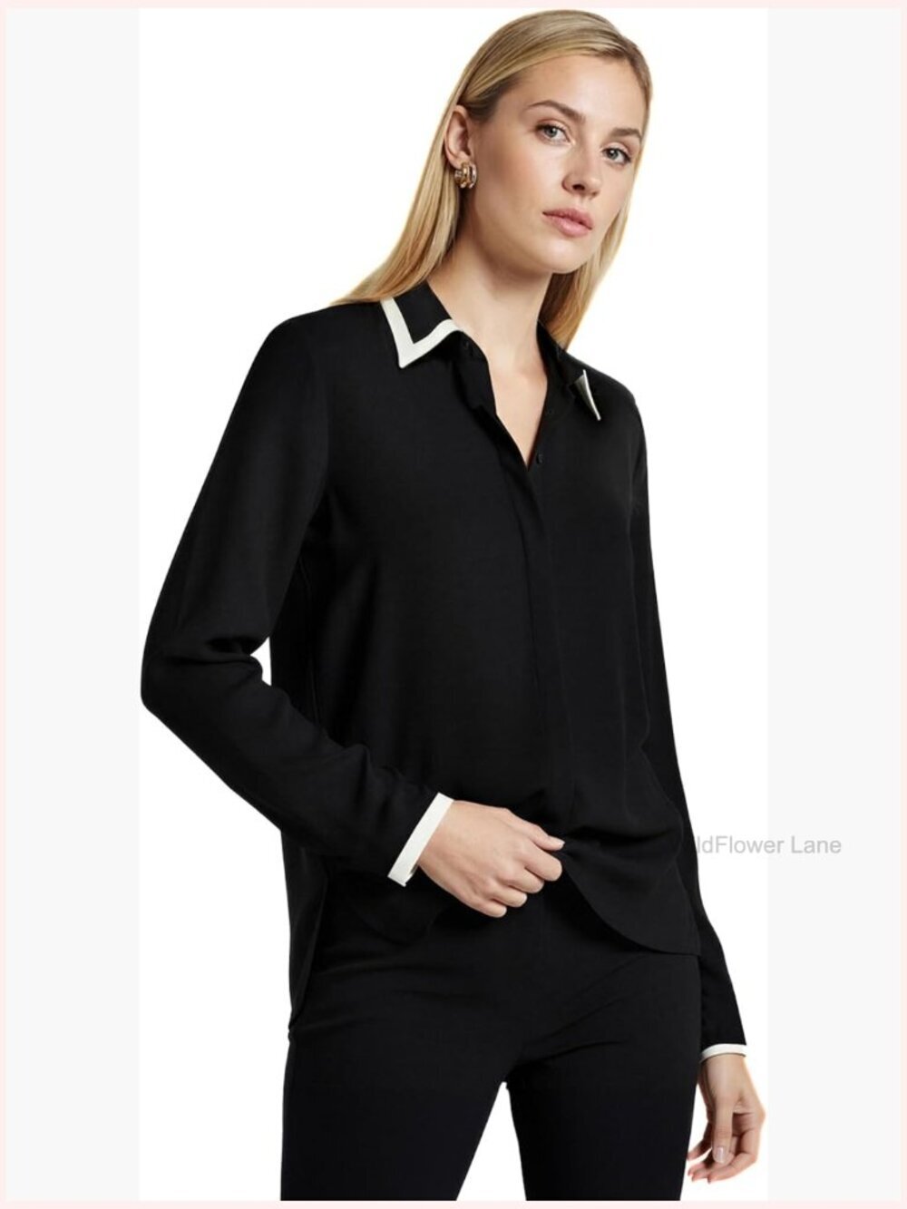 Long-Sleeve Button-Down Blouse with Contrast Tipping